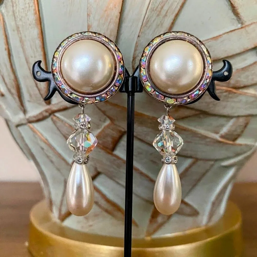 Vintage Faux Pearl Aurora Borealis Drop Earrings - Picture 3 of 4